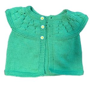 Hand knit green daisy flower baby cardigan sweater short sleeve handmade crochet